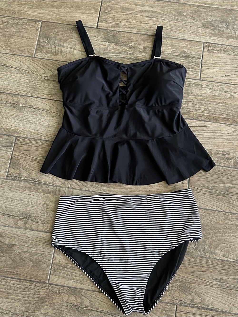 NWT..Black Lace-Up Peplum Swim Top with Black& White Striped Bottoms Size 20W